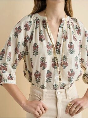 Floral Button-Front Cotton Blouse in Cream and Pink